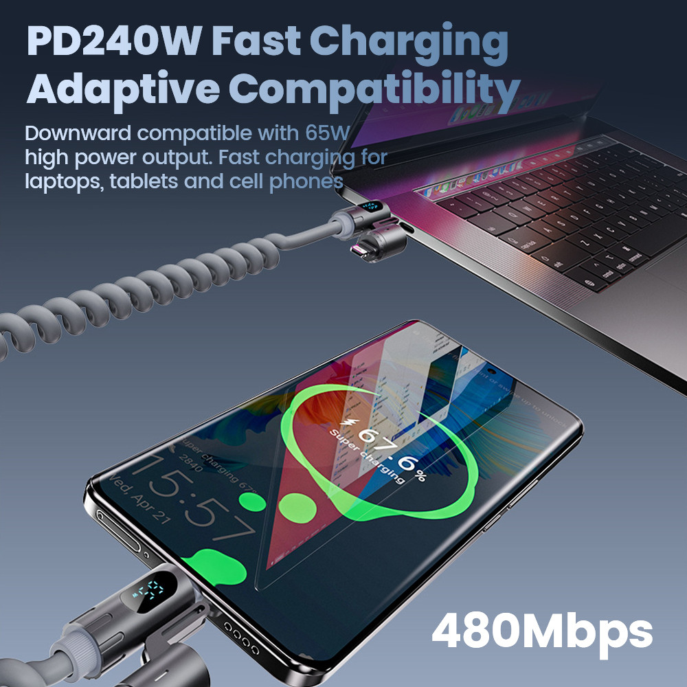 240W 4 In 1 Super Fast Charging Digital Spring Data Cable เหมาะสําหรับ Huawei Android รองรับ Carplay และ Carlife Quick Charge - รูปที่ 5