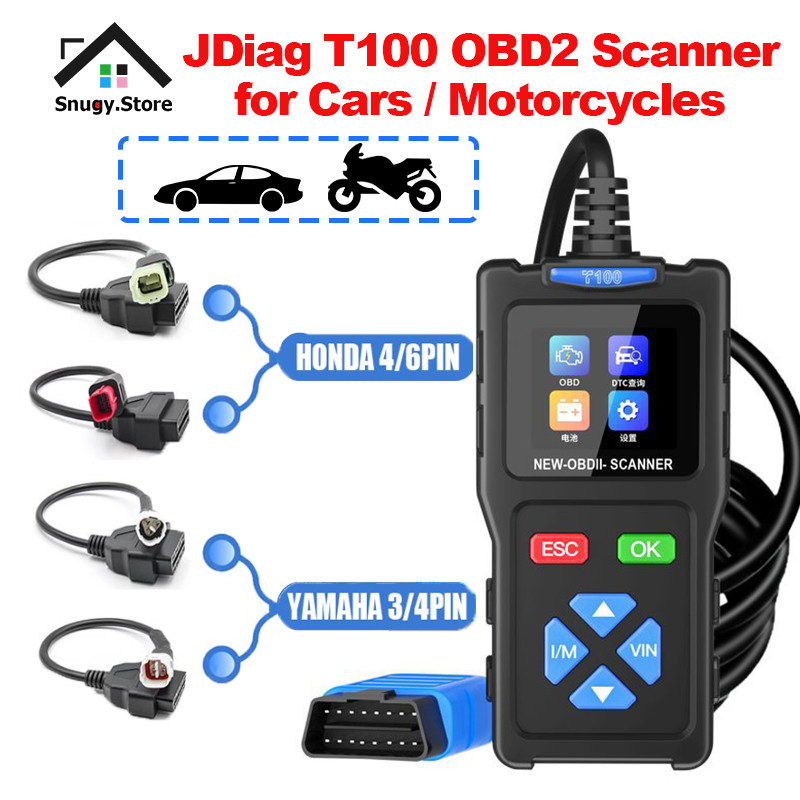 สต็อกในพื้นที่สําหรับ Honda Yamaha JDiag T100 OBD 2 รถเครื่องสแกนเนอร์รถจักรยานยนต์ Real-Time OBD2 S