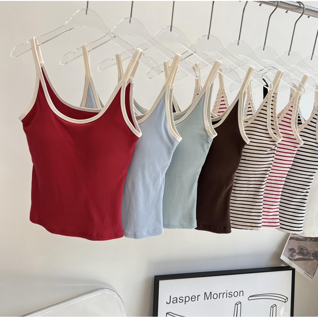 77UNI เสื้อกล้ามลายทาง สายทูโทน Tank 5858 ลายทาง สีล้วน เสื้อเข้ารูป เสื้อครอป