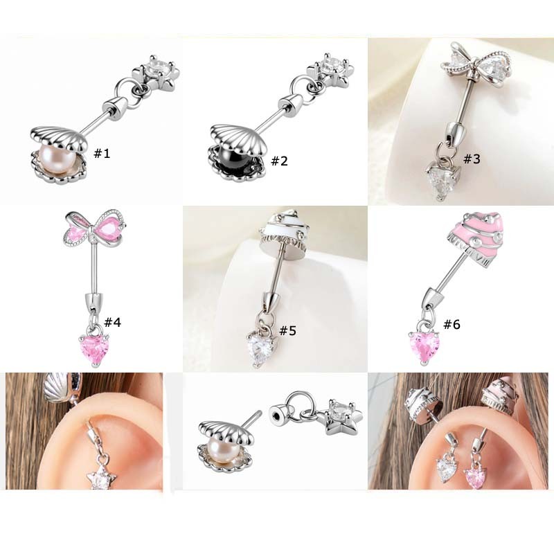 1 ชิ้น Shell Bowknot Ice Cream Shape กระดูกอ่อนต่างหู Stud Stanless เหล็ก Zirconia หู Pinna Helix เจาะ