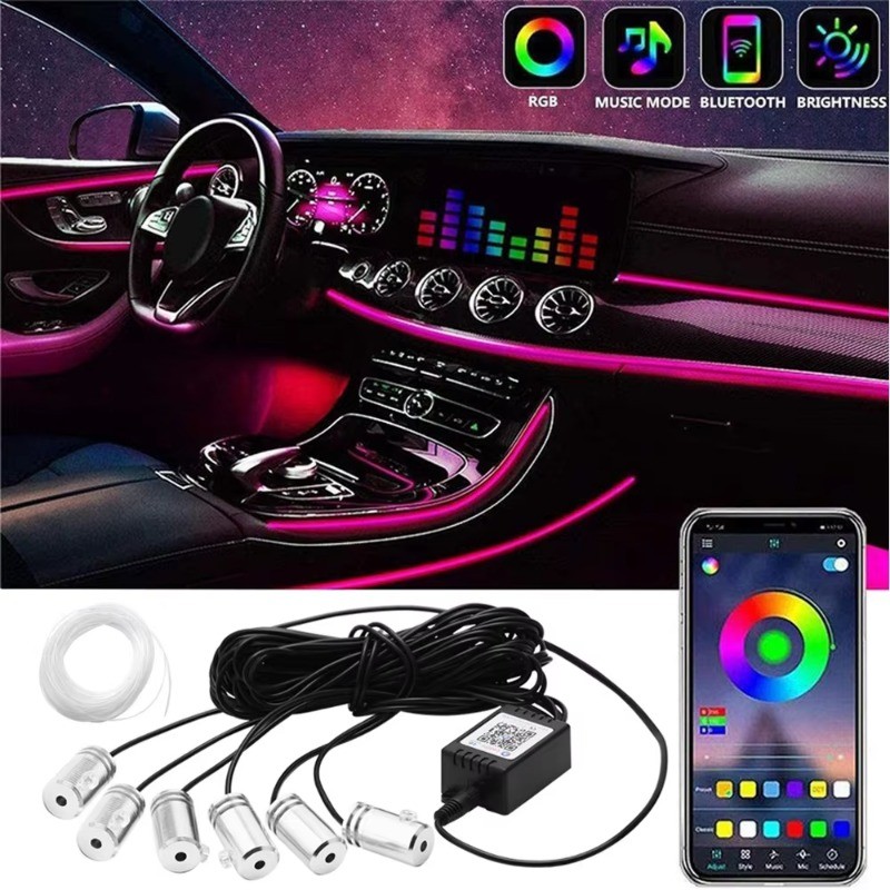 4/5/6 in 1 RGB LED ภายในรถ Ambient Decor Fiber Optical Strip Light โดย App หรือรีโมทคอนโทรลตกแต่งแดชบอร์ดประตู