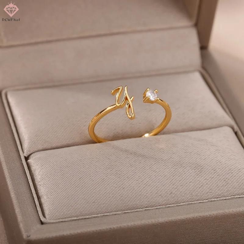 PCWFKef Tiny จดหมายเริ่มต้นแหวนผู้หญิงสแตนเลส AZ ตัวอักษรแหวนปรับหญิง Christmas Aesthetic เครื่องประดับใหม่