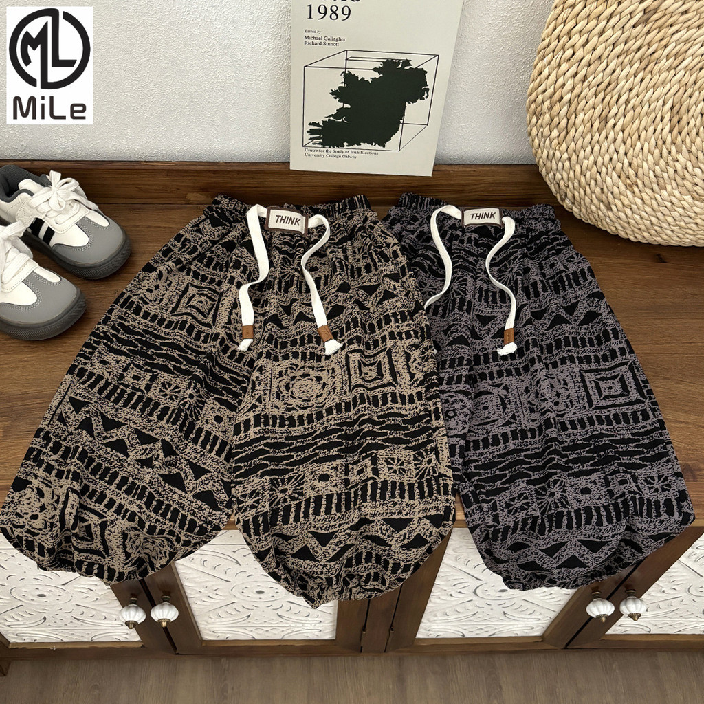 [ML] 80-170 ซม.สไตล์บางฤดูร้อนเด็ก Anti-ยุงกางเกงผ้าไหมน้ําแข็ง Retro Tie-Dye ชายหญิงสบายๆสไตล์ตะวันตกชุดกีฬาผู้หญิง
