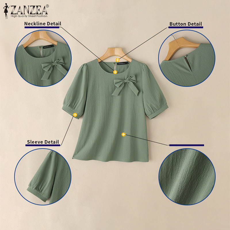 ZANZEA เสื้อเบลาส์คอกลมแขนพัฟแขนกลางหรูหราเกาหลีสําหรับผู้หญิง — صورة 7