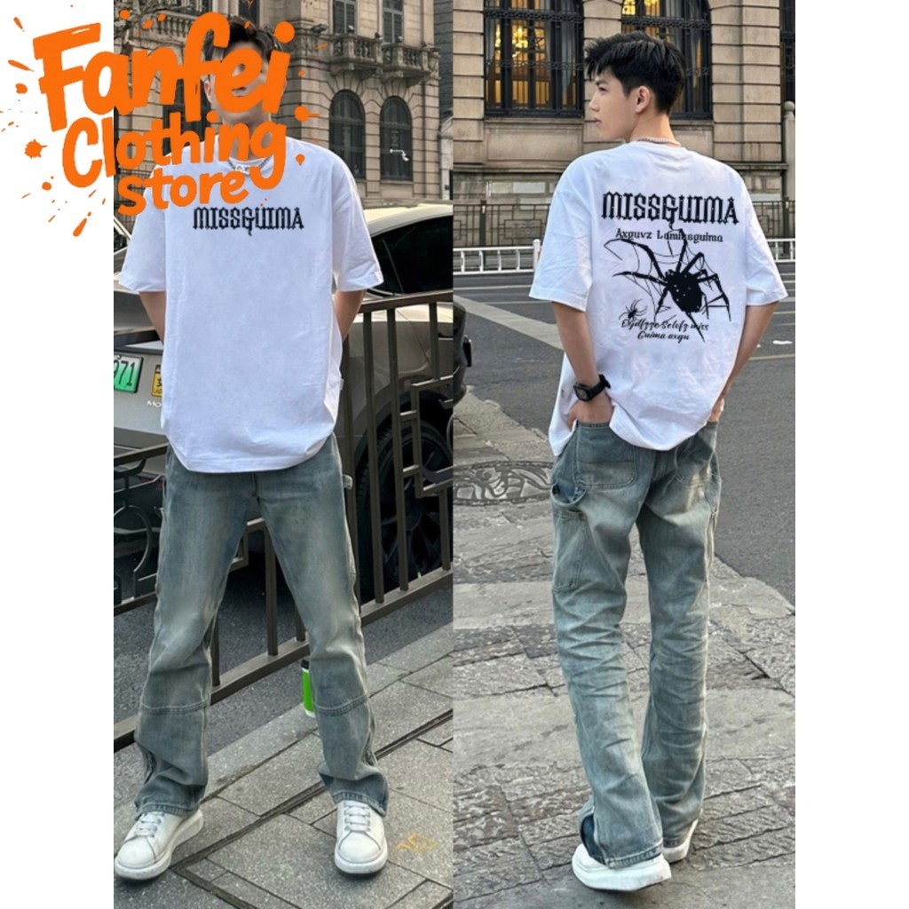 (จัดส่งตลอด 24 ชั่วโมง)Fanfei สตรีทฮิปฮอปแบรนด์สไตล์อเมริกันแขนสั้นเสื้อยืดผู้ชายฤดูร้อนปอนด์ผ้าฝ้ายหลวมคอครึ่งแขนด้านบน