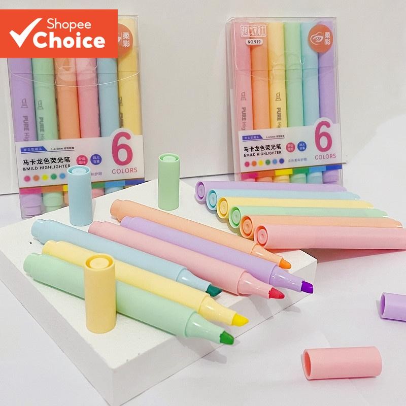 Macaron Highlighter Set 6PCS - ปากกามาร์กเกอร์สีพาสเทลสําหรับ Doodling & Note Takeing