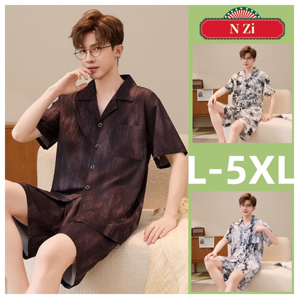 L-5XL ชุดนอนผ้าไหมผู้ชาย Plus ขนาด แขนสั้น ชุดนอนหลวมสวมใส่บางNightwear