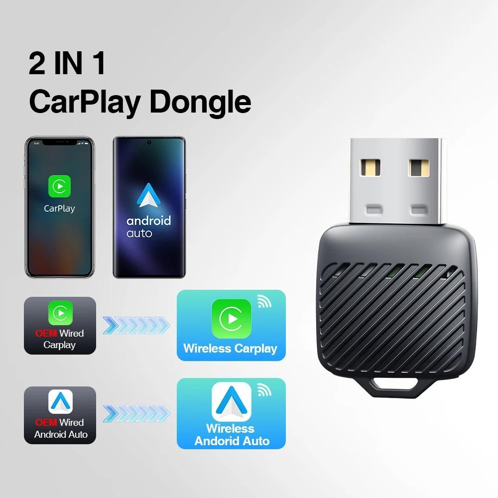 2 in 1 Mini Wireless CarPlay Dongle สําหรับอะแดปเตอร์วิทยุรถยนต์ OEM แบบมีสายไร้สาย CarPlay Android Auto TypeC USB Plug and Play