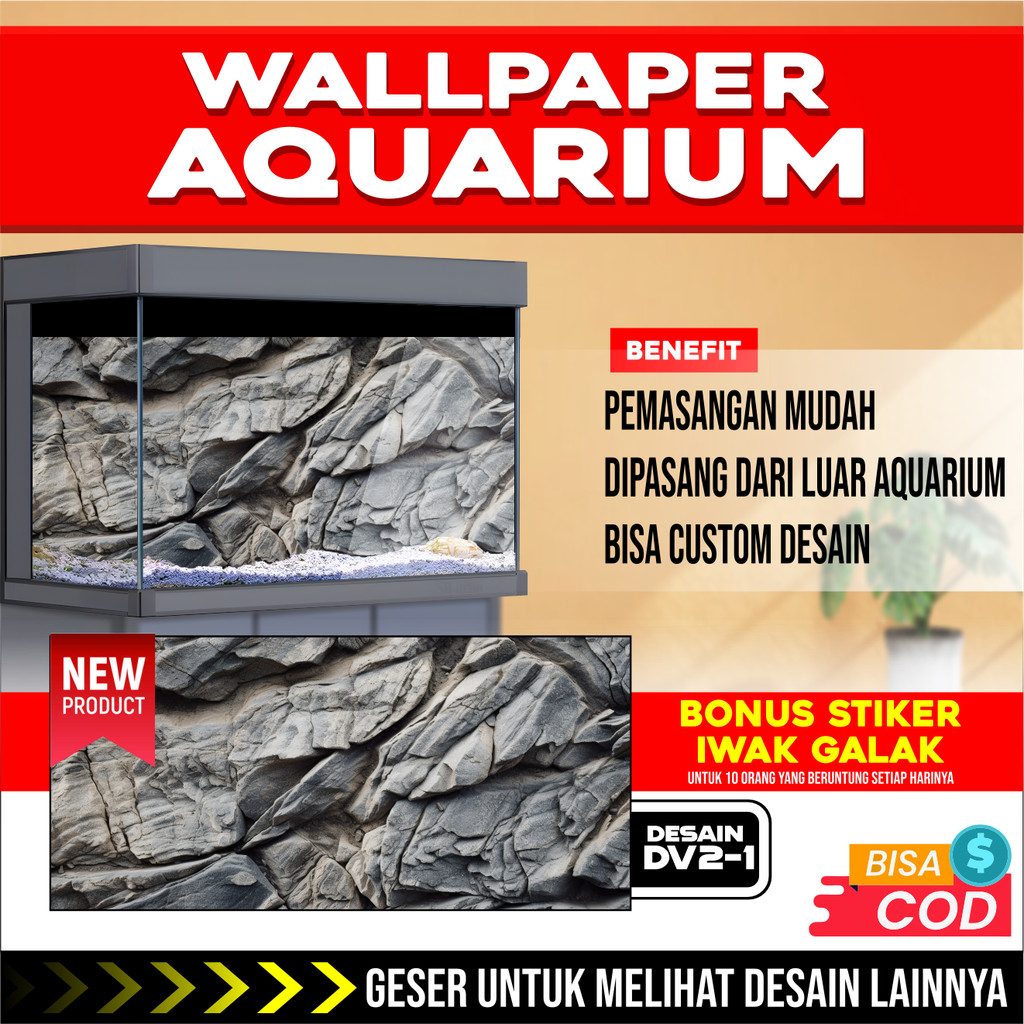 3D REAR AQUARIUM BACKGROUND WALLPAPER สติ๊กเกอร์ ROCKSTONE PICTURE THEME DV2