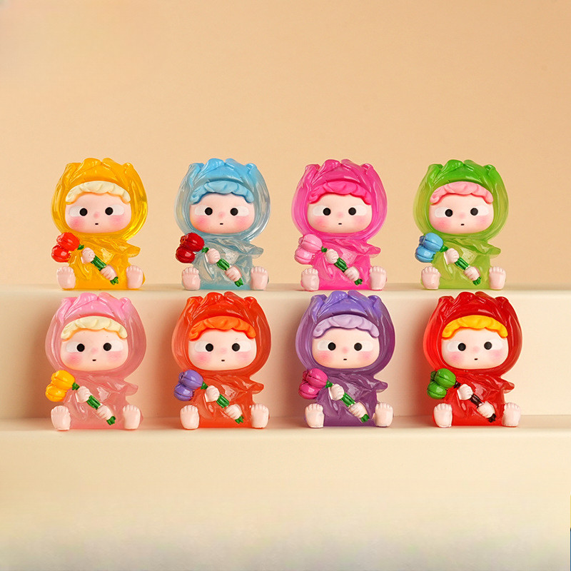 8 ชิ้นน่ารักนั่งเด็กกับดอกทิวลิปเรืองแสงเรซิ่นเสน่ห์สําหรับ ทําเอง (8-324)