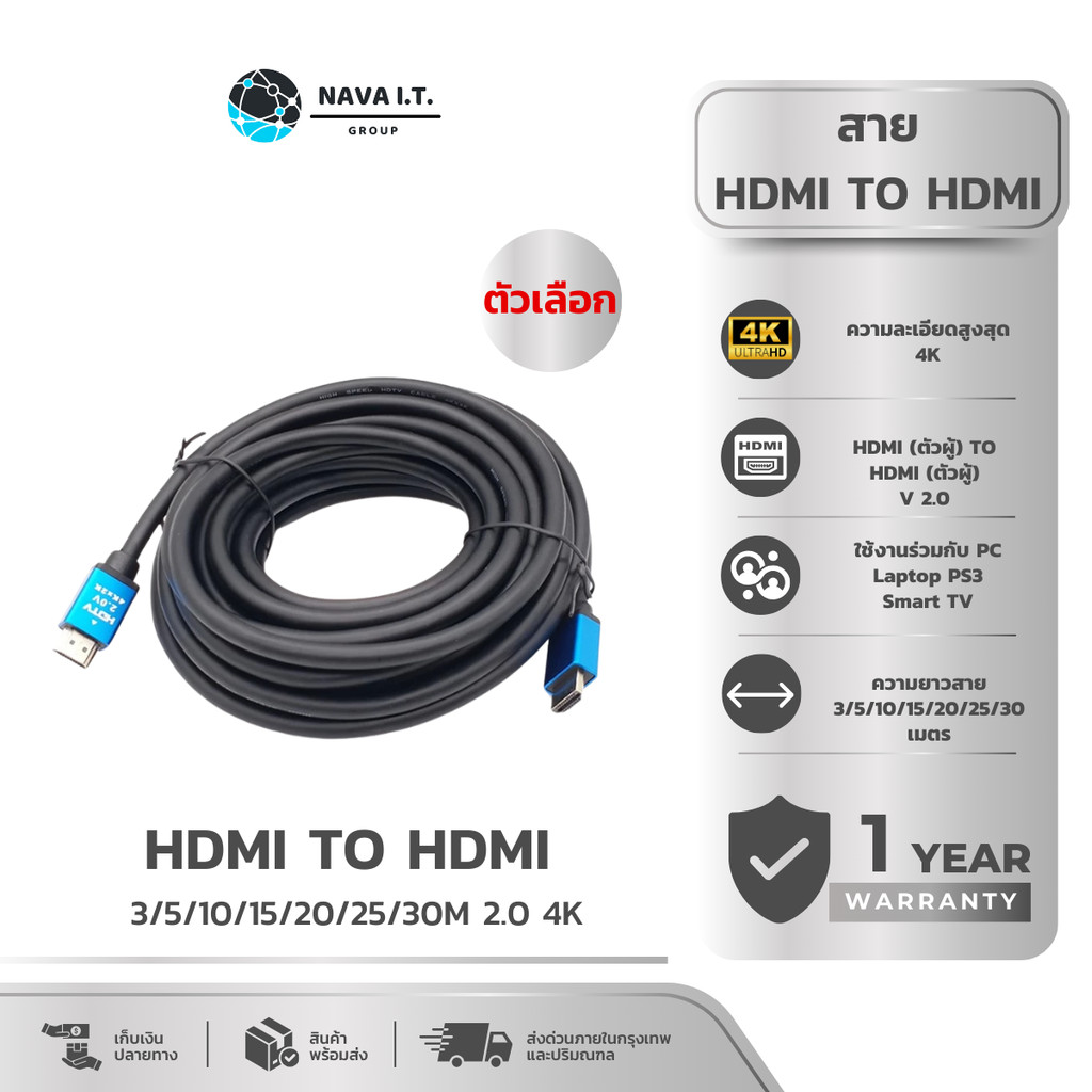 (มีส่งด่วน) NAVA IT สายHDMI TO HDMI 2.0 HD 4K 3/5/10/15/20/25//30 เมตร CABLE ประกัน 1 ปี