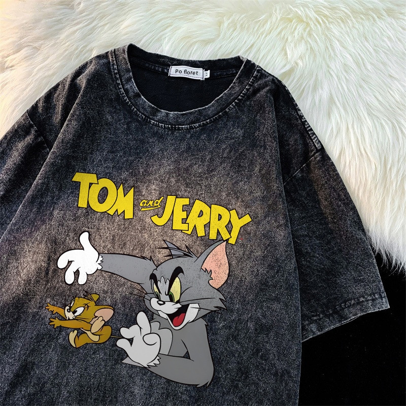 เกาหลี ดาว Oversize เสื้อยืดผ้าฟอก SXT1424 ผู้ชาย ผู้หญิง แฟชั่น วินเทจ ลายทาง ตัวอักษร การ์ตูน ลายสกรีน ฤดูร้อน M-3XL - รูปที่ 3