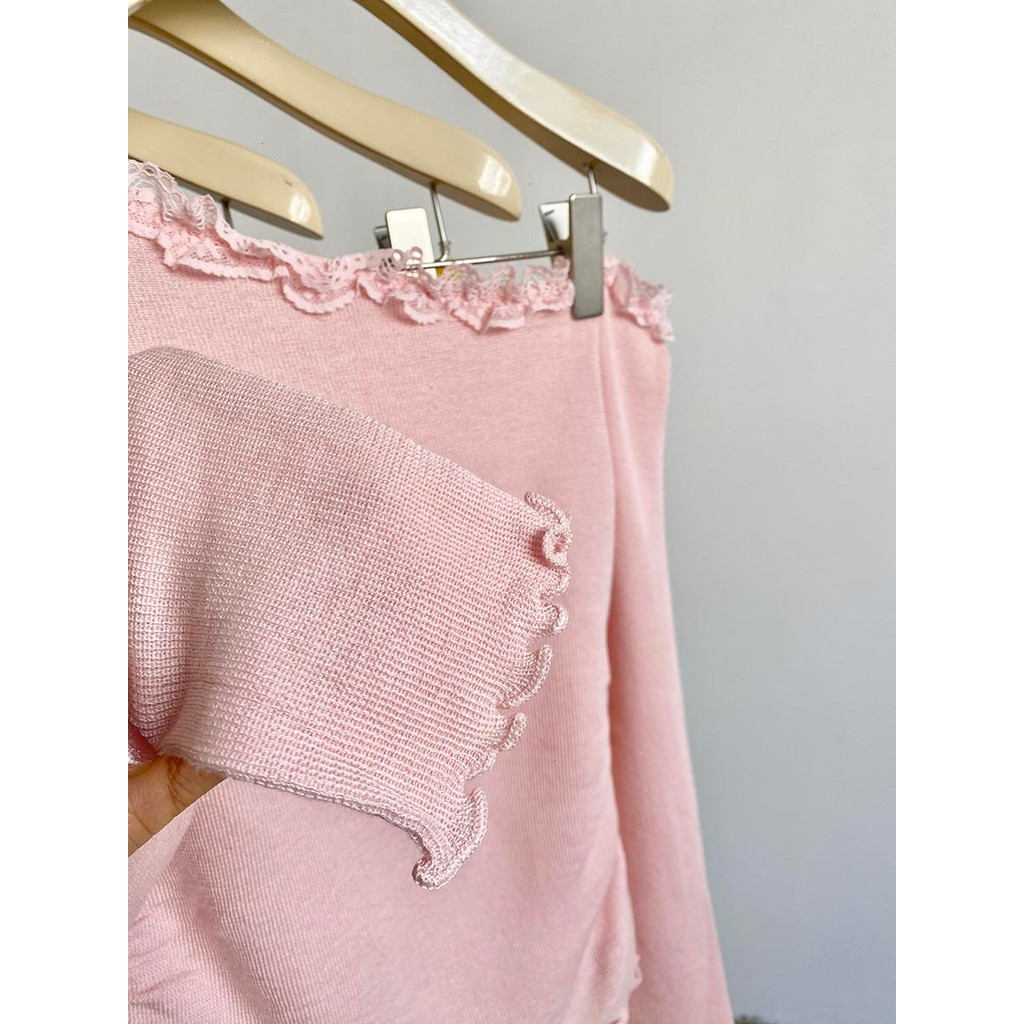 Mimi&Didi เสื้อเปิดไหล่แขนยาวไหมพรม เสื้อยืดถักลูกไม้เปิดไหล่สีชมพูสำหรับผู้หญิง ทันสมัยและสวยงาม ใส่เดี่ยวๆH060 - รูปที่ 7