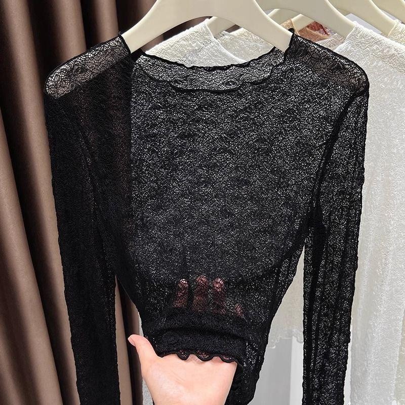 Sosexy【พร้อมส่ง】เสื้อครอปซีทรูแขนยาว มี5  สี เนื้อผ้าลูกไม้ใส่สบาย (B73)