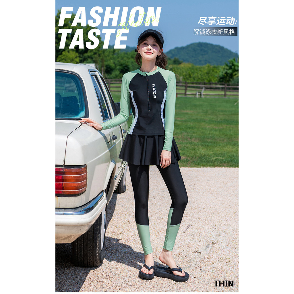 ชุดว่ายน้ำผู้หญิงสองชิ้น ไซส์ใหญ่ แขนยาวและกระโปรงยาว สไตล์อนุรักษ์นิยม เพื่อความสบายตา - รูปที่ 4