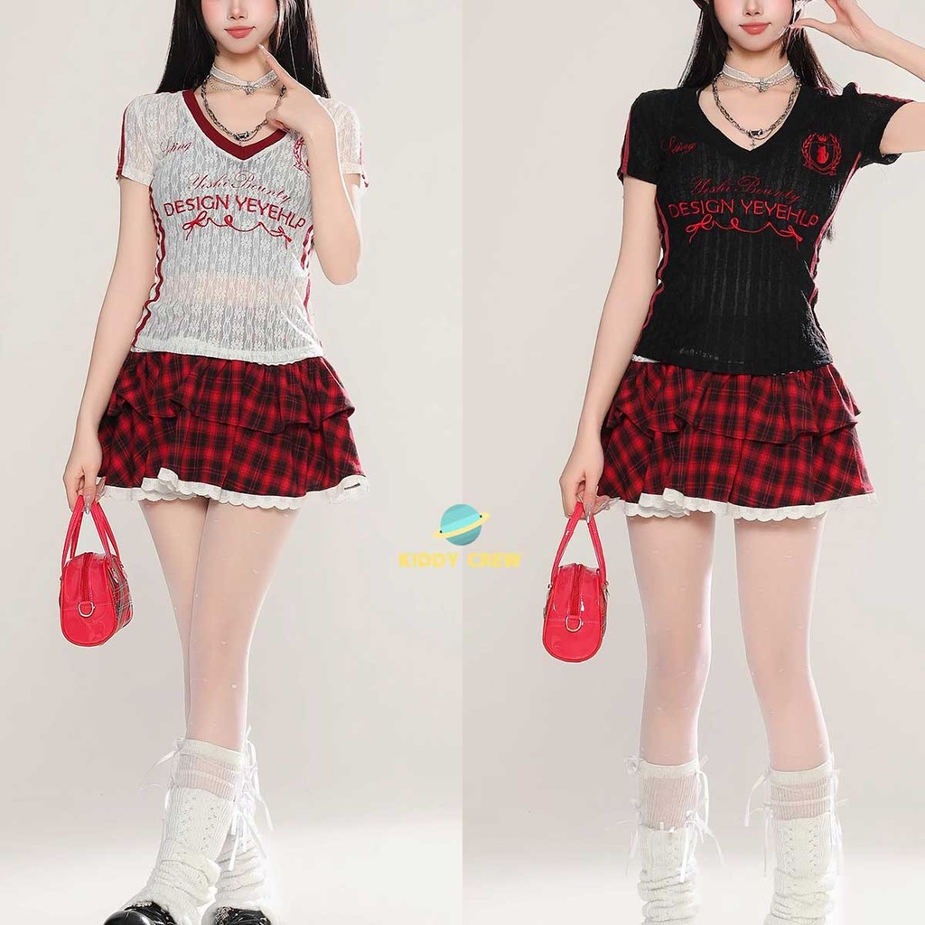 เสื้อยืดลูกไม้คอวีแนบตัว สไตล์สาวเกาหลี แฟชั่นมาแรง