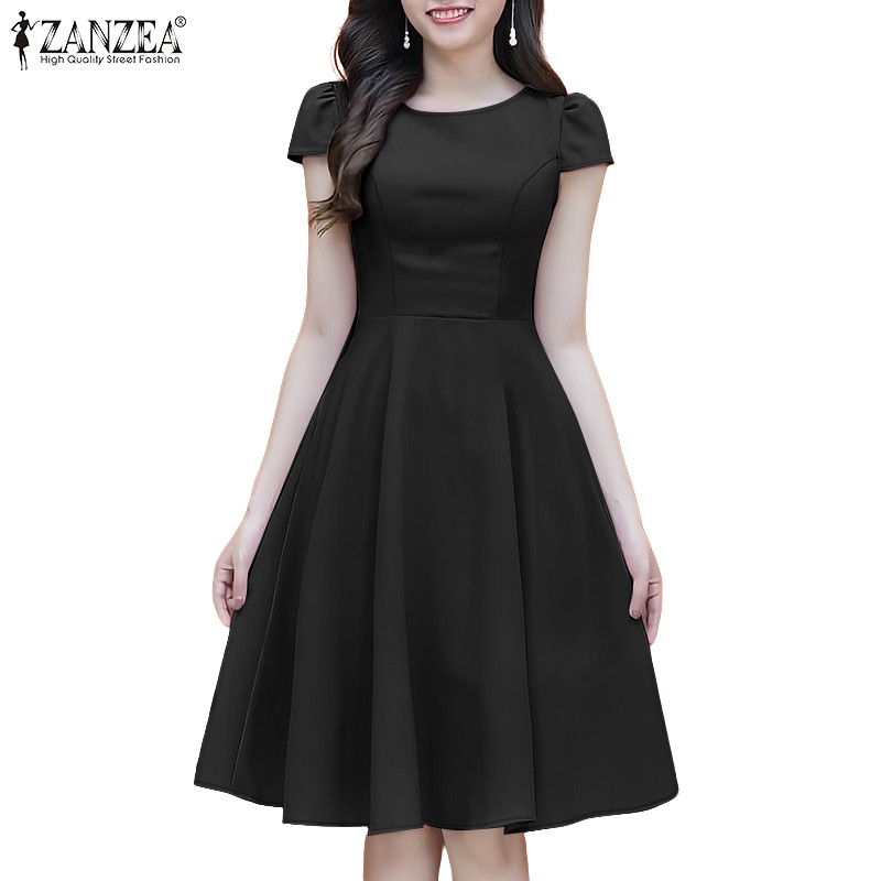 ZANZEA ใส่ ซานเซีย ผู้หญิงแฟชั่นเกาหลีแข็งแขนสั้น โอ-คอปุ่มลงด้านหน้าชุด