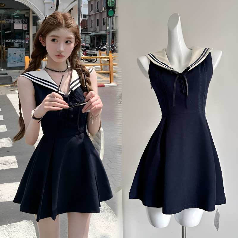 โย ♥ ชุดเดรสสั้นคอตตอน A-line สไตล์เกาหลี คอตุ๊กตา กระชับเอว ไม่มีแขน