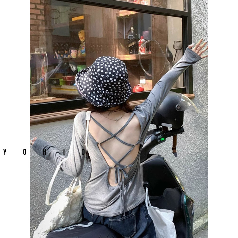 ผู้หญิงฤดูใบไม้ผลิเซ็กซี่กลวงลูกไม้กว้างแห้วกลับสีทึบแขนยาวเสื้อยืด