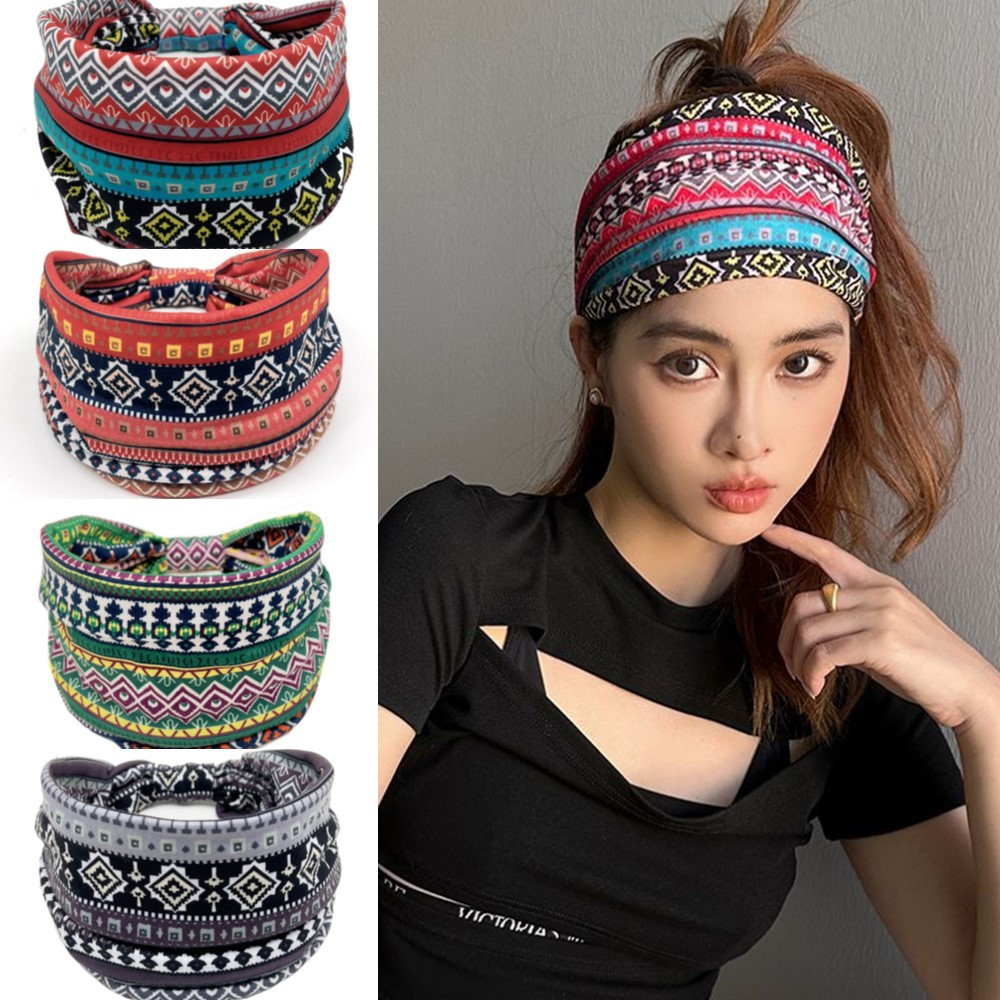 Hippie Bohemian สไตล์ชาติพันธุ์พิมพ์ผ้าโพกศีรษะสีแดง Hairband Crossed Hairband