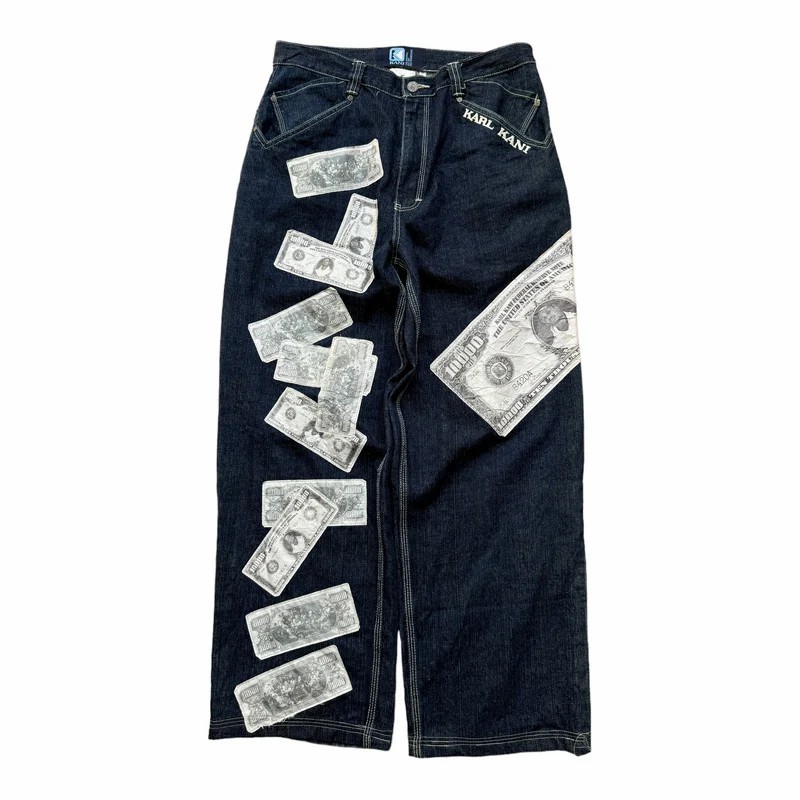 Street สไตล์ Vintage ธนบัตรกางเกงยีนส์ Y2K Harajuku Hip Hop กราฟิก Retro สีดํา Baggy Low Rise กางเกงขากว้าง