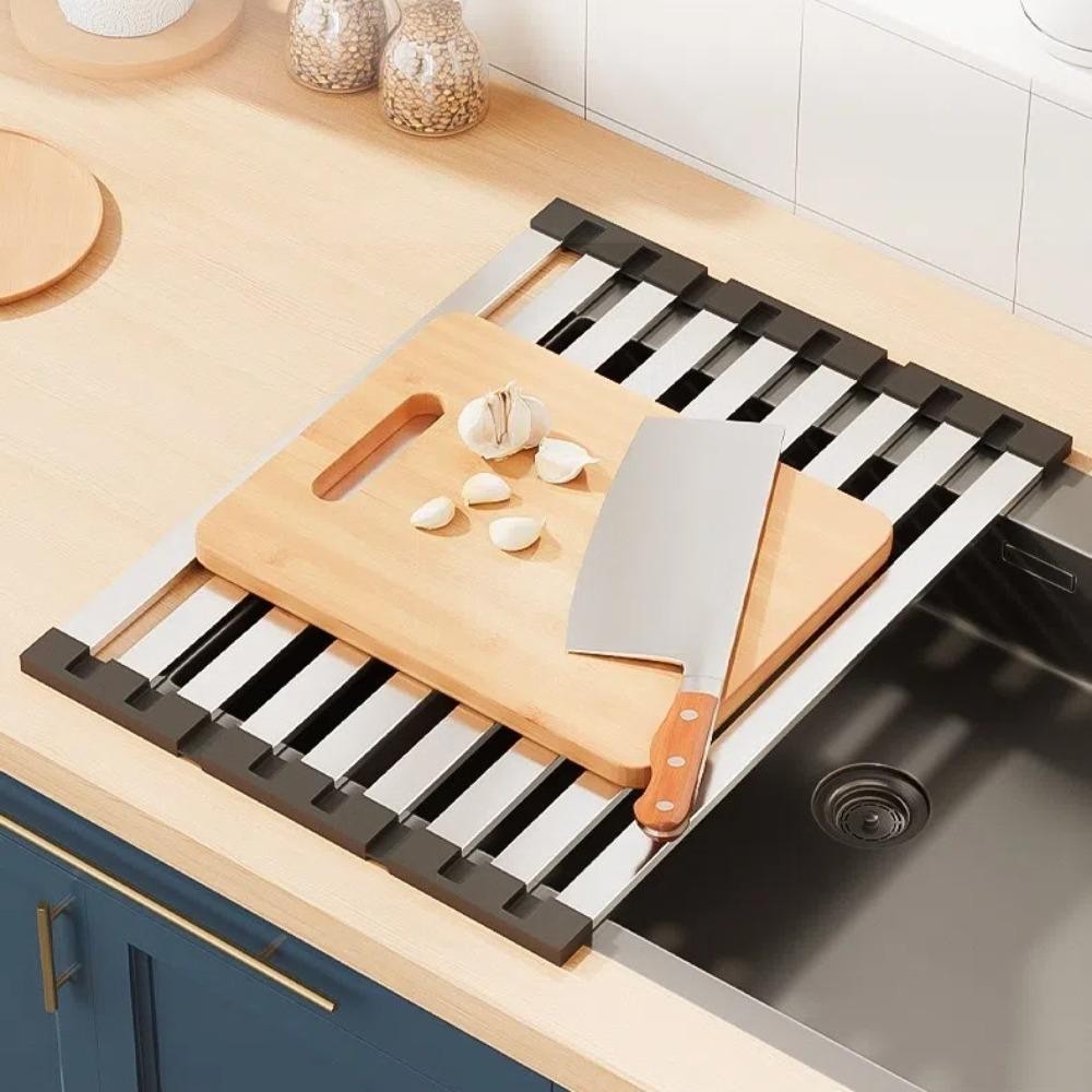 บรีส ชั้นเก็บจาน,พับ304สแตนเลสอ่างล้างจานชั้นวางท่อระบายน้ํา,ม้วนขึ้นมัลติฟังก์ชั่หดท่อระบายน้ําตะกร้าครัว - รูปที่ 3