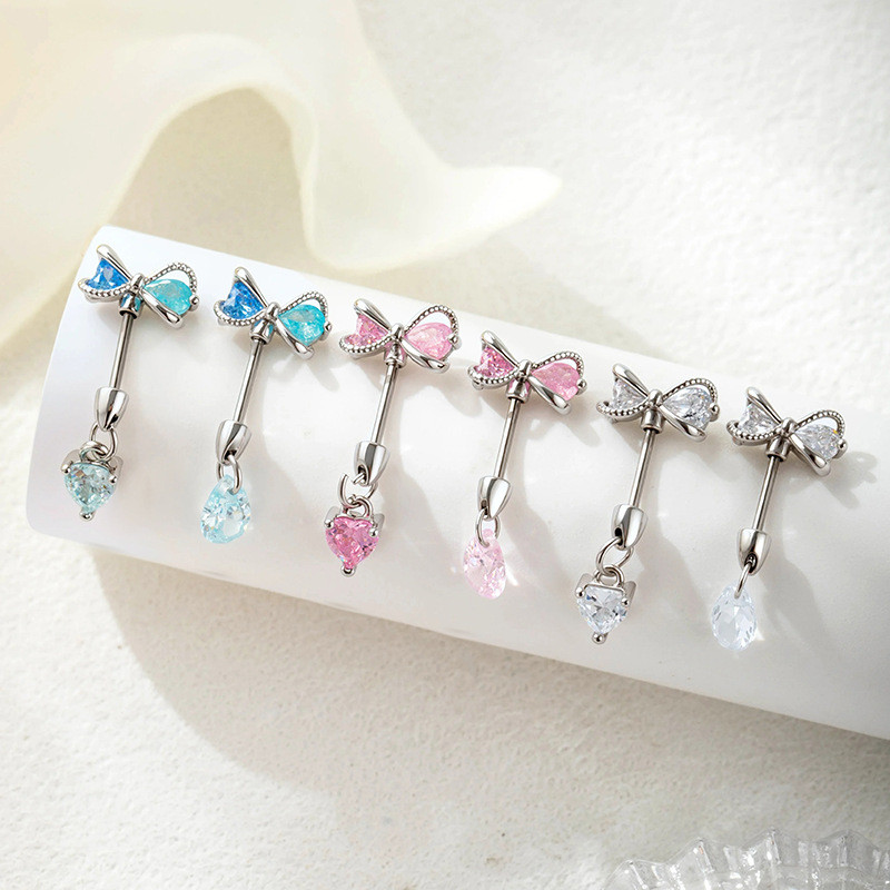 ชุดสีโดปามีน จี้หัวใจโบว์หวาน นิช เครื่องประดับเจาะสกรูระดับไฮเอนด์
