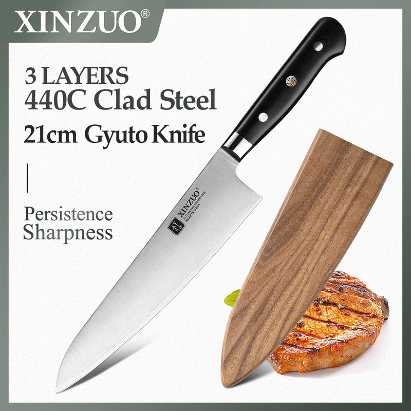 XINZUO 210mm Chef Knife 3 Layer 440C Core Clad Steel Kitchen Knives Stainless Steel Sharp Butchers G