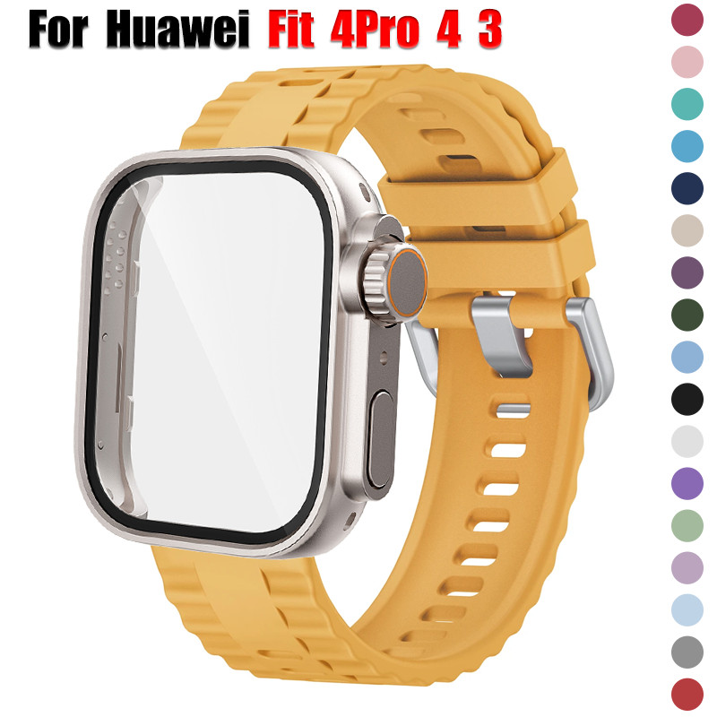สายซิลิโคน + PC สําหรับ Huawei นาฬิกา Fit 4/Fit 3/Fit 4 Pro Watchband Ultra Hard PC ป้องกันหน้าจออุปกรณ์เสริมสําหรับ Huawei Fit 4 3 4 Pro สร้อยข้อมือเปลี่ยนสาย