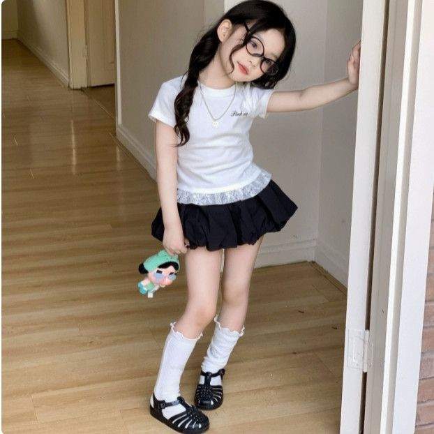 2025 ฤดูร้อนสไตล์ใหม่สาวชุดเด็กตัวอักษรลูกไม้ Slim เสื้อยืดแขนสั้นดอกไม้ Bud Culottes อินเทรนด์❤6.12❤