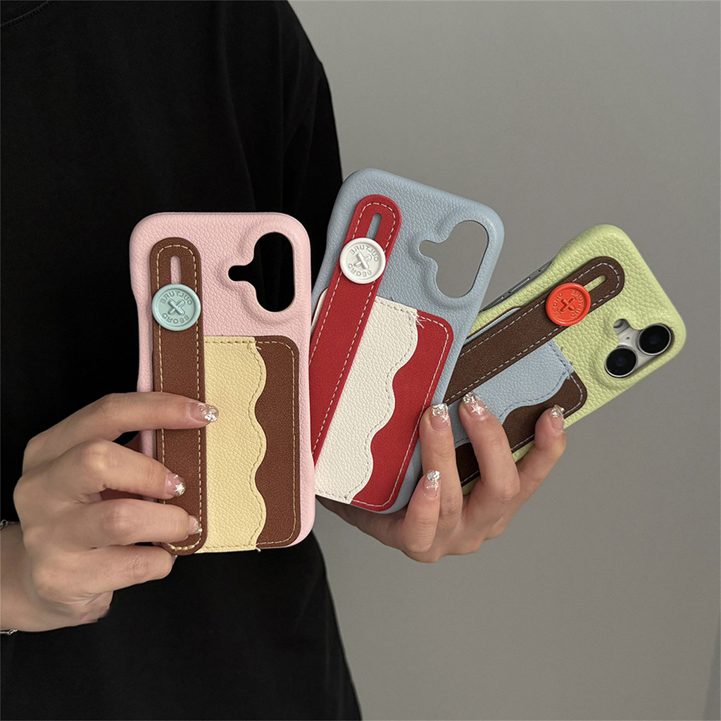 น่ารักเกาหลีสีลูกกวาดกระเป๋าบัตรเคสโทรศัพท์ที่มีข้อมือปุ่มแบบพกพาสําหรับ ไอโฟน 16 15 14 13 มือโปร สูงสุด ปกหลัง
