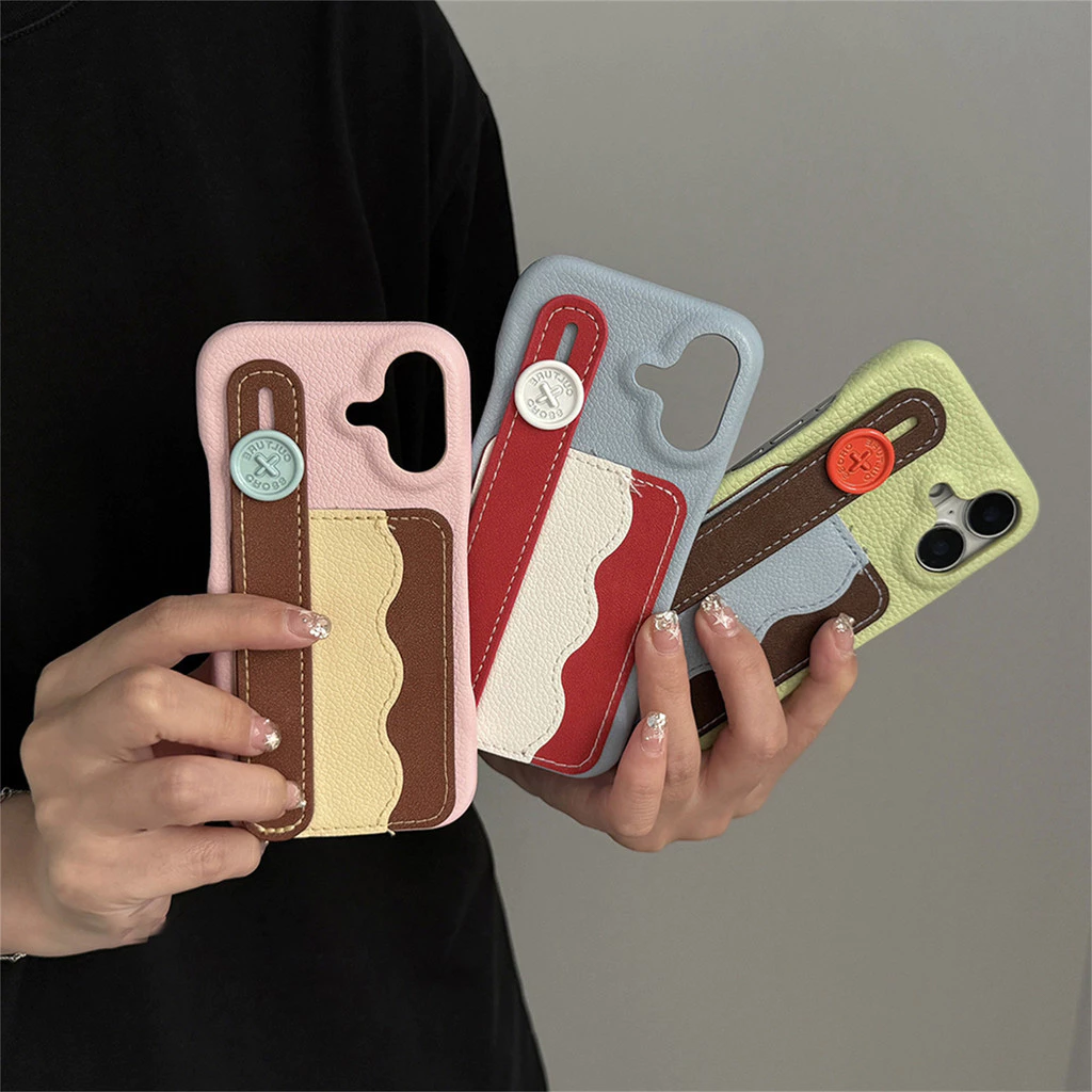 น่ารักเกาหลีสีลูกกวาดกระเป๋าบัตรเคสโทรศัพท์ที่มีข้อมือปุ่มแบบพกพาสําหรับ ไอโฟน 16 15 14 13 มือโปร สูงสุด ปกหลัง