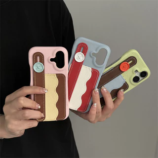 น่ารักเกาหลีสีลูกกวาดกระเป๋าบัตรเคสโทรศัพท์ที่มีข้อมือปุ่มแบบพกพาสําหรับ ไอโฟน 16 15 14 13 มือโปร สูงสุด ปกหลัง