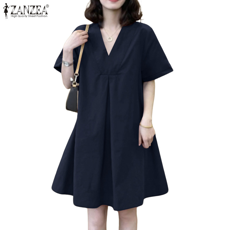 ZANZEA ผู้หญิงเกาหลี Ladylike สไตล์ V คอ Raglan แขน Pleats ดRESSES