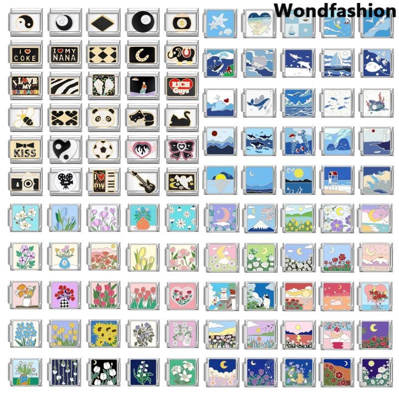 สร้อยข้อมือ Charm อิตาเลี่ยน Ocean Series 9 มม. สแตนเลส DIY เครื่องประดับ retro สำหรับบุคลิกภาพโมดูล