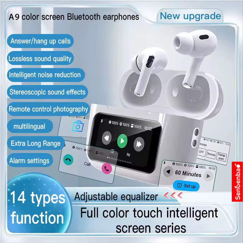 Senbenbao หูฟัง A9 Pro ANC รุ่นที่5 หูฟังบลูทูธพร้อมหน้าจอทัชสกรีน หูฟังบลูทูธ หูฟังไร้สาย เทคโนโลยีล้ำสมัย พร้อมบลูทูธ 5.4 เวอร์ช