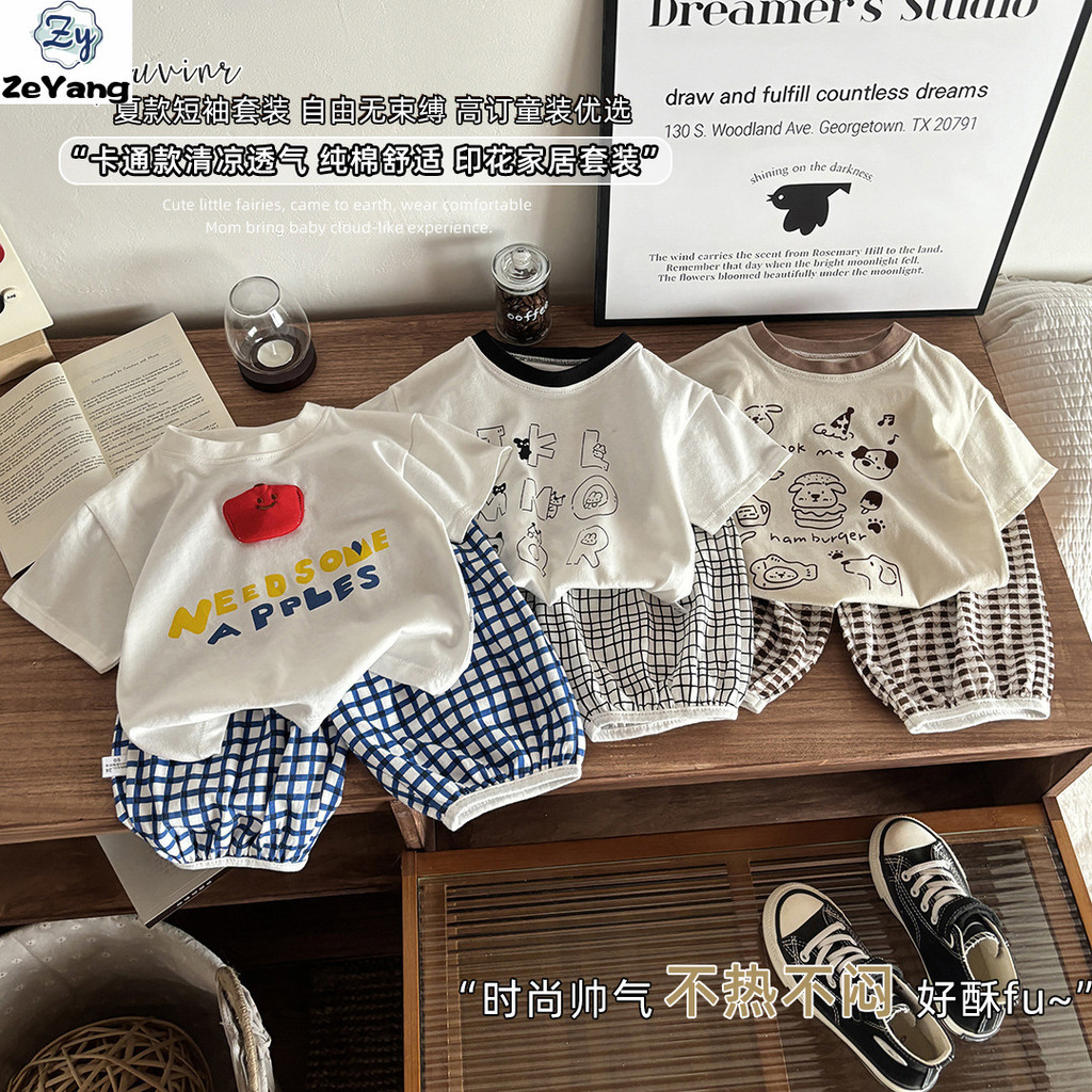 [ซี่] 70-130 พร้อมสต็อกเด็กผ้าฝ้ายแท้แขนสั้นเสื้อยืดชุดลําลองตรวจสอบทารกสั้น ที กางเกงชุดสองชิ้นแฟชั่นเสื้อผ้าเด็กจัดส่งที่รวดเร็