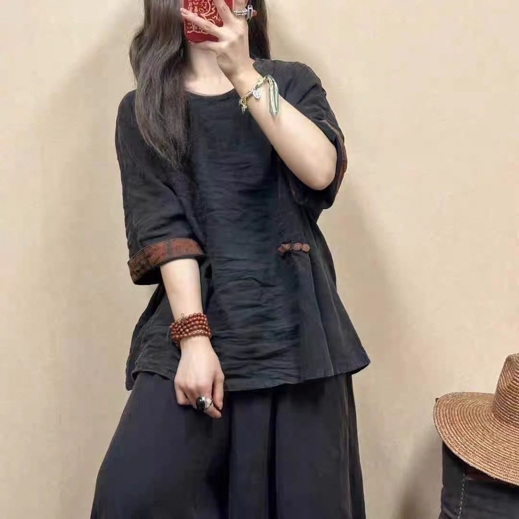 [LININ] ผ้าฝ้ายลินินครึ่งแขน Bottoming เสื้อ Retro วรรณกรรมหลวมเสื้อยืดติดกระดุมด้านบน