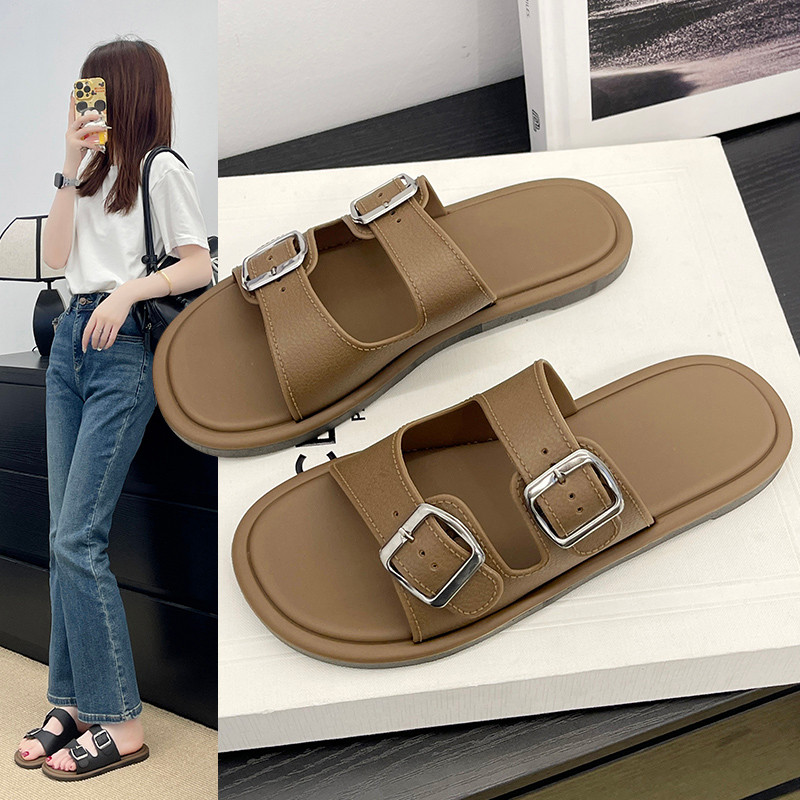 go🚚 รองเท้าแตะหญิง สไตล์ins เพิ่ม1เบอร์ slippers ส้นแบน slides หัวเข็มขัดแฟชั่น นุ่ม กันลื่น A-066
