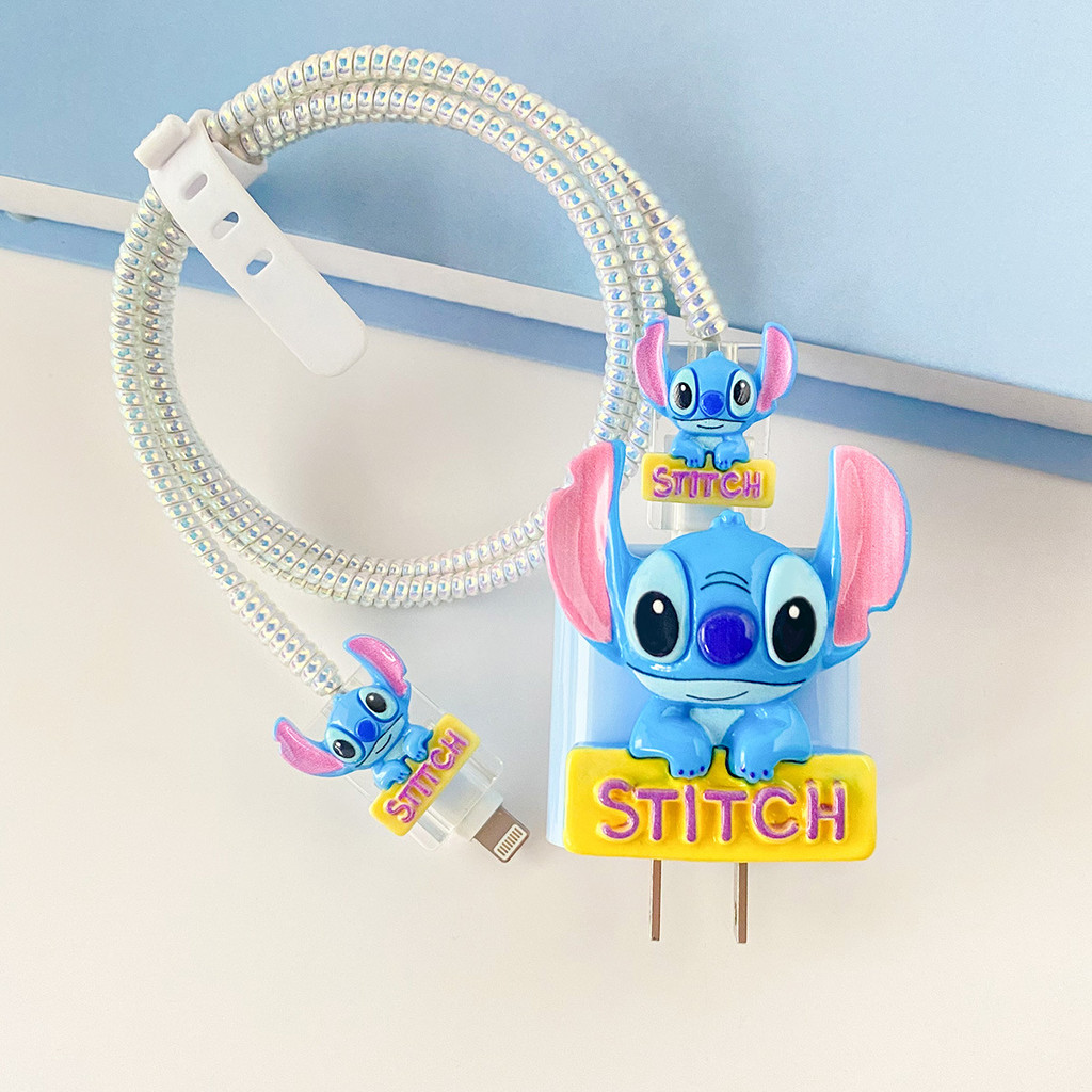 Cute Stitch Charger Protector Case Set 18/20W Soft Charger Case Cable Protector สําหรับ iPhone 18/20