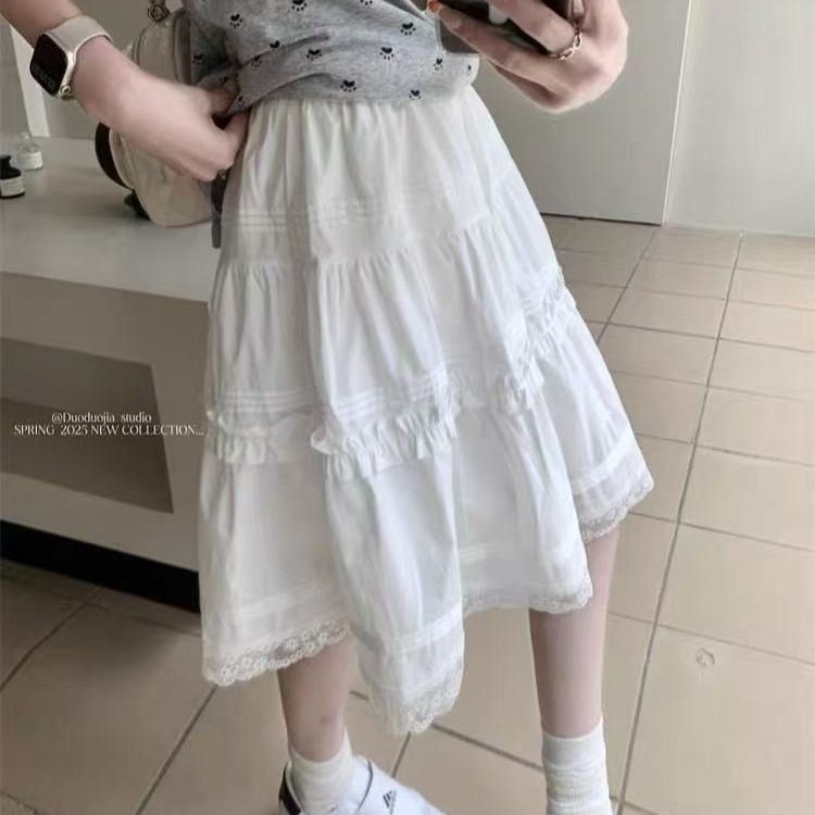 กระโปรงผู้หญิงสไตล์ลูกไม้ ก-เส้น เอวสูงบางเค้ก