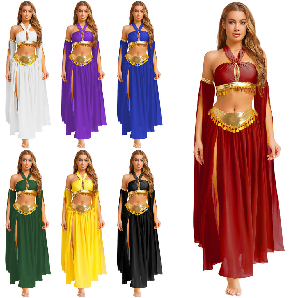 ผู้หญิง Belly เต้นรําอินเดียชุดเต้นรําฮาโลวีน Sun เทพธิดาโบราณอียิปต์ Cleopatra คอสเพลย์เครื่องแต่งกาย Halter Sequins Crop Top ด้านข้าง Slit ชีฟอง Leotard กระโปรงแขน