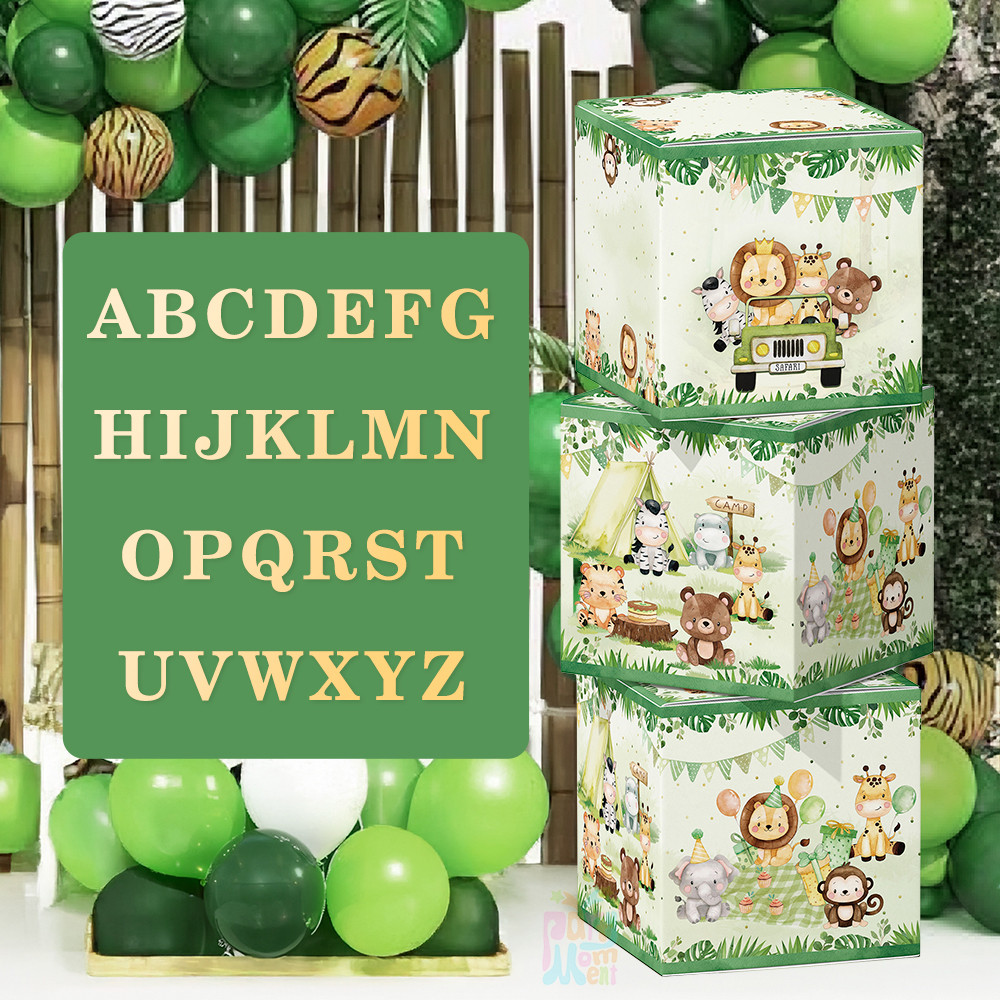 ออกแบบใหม่สัตว์ป่าตั้งแคมป์ธีมสีน้ําบอลลูนกล่องสติกเกอร์ตัวอักษรไม่ซ้ําตกแต่งงานเลี้ยงวันเกิด