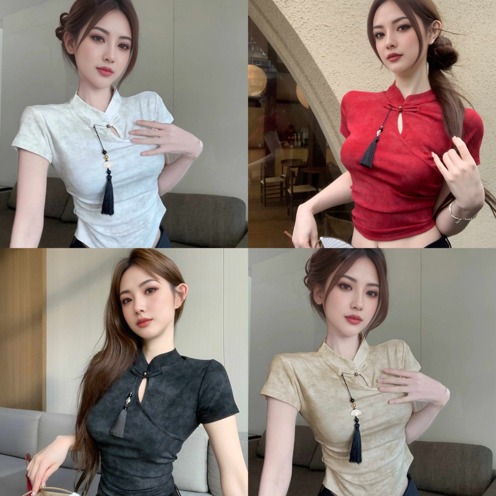 เสื้อยืดจีนสไตล์ใหม่แขนสั้น ดีไซน์ทันสมัย เหมาะสำหรับสาวๆ ที่ชื่นชอบแฟชั่น