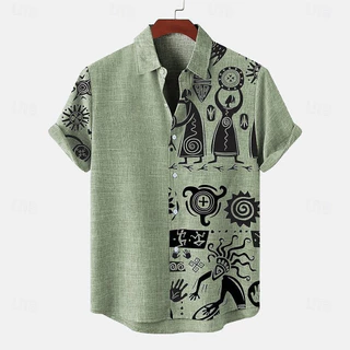 2025วินเทจสไตล์ชาติพันธุ์เสื้อแขนสั้นผู้ชาย3D แบบพิมพ์แขนสั้นด้านบนสไตล์ชาติพันธุ์กลางแจ้งหลวมสบายๆขนาดใหญ่ Boho เสื้อสำหรับผู้ชาย