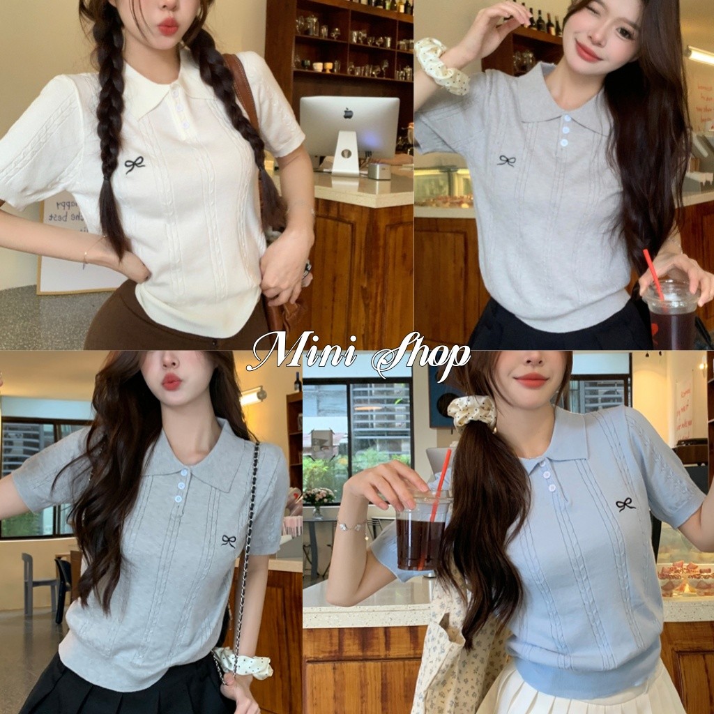 Mini shop🌸พร้อมส่ง🌸เสื้อครอปไหมพรม แขนสั้น คอปก ปักลายโบว์ ยืดพอดีตัว สไตล์ลำลอง（YT23）