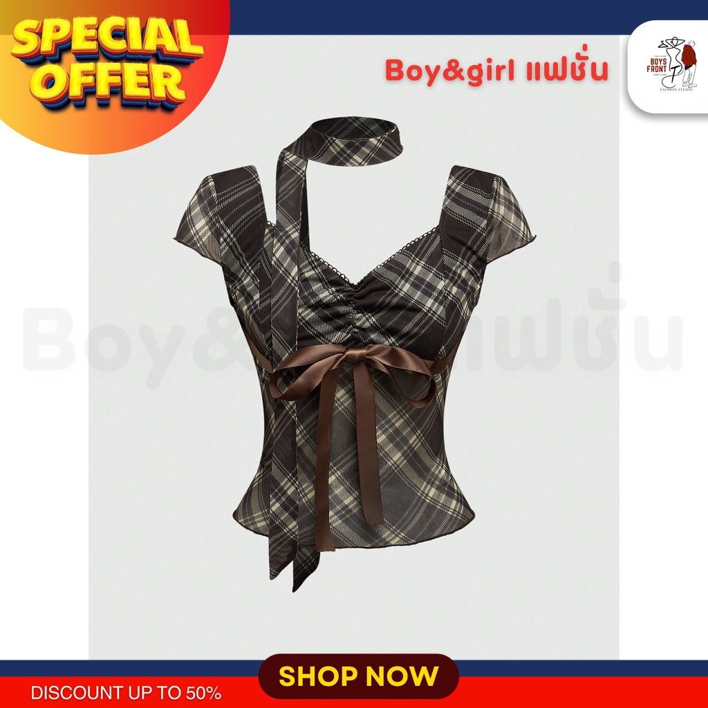 มาใหม่* เสื้อยืดเว้าชิ้นเดียวแบบลายสก๊อตดีไซน์คาเวิลในสไตล์ Y2K*สงกรานต์ คริสมาสต์ ปีใหม่ วาเลนไทน์ ตรุษจีน คอนเสิร์ต OA