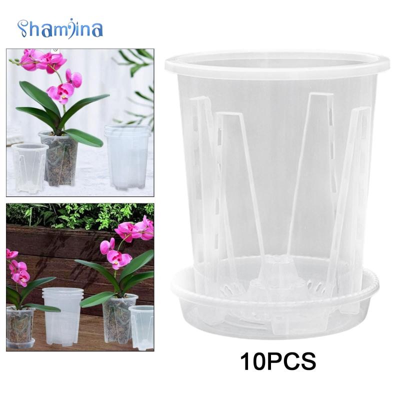 [Shamjina] [แชมจินอา] 10ชิ้นกระถางกล้วยไม้พร้อมจานรองความทนทานชาวไร่เพื่อสุขภาพหม้อรากใช้งานง่ายกระถางดอกไม้โปร่งใส