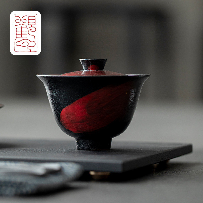 [Guanyun] สไตล์ญี่ปุ่น Shajifeng Gaiwan สโตนแวร์ทํามือสัมผัสเดียวชามชาสีแดงไม่ร้อนชุดน้ําชากังฟูชาศิ