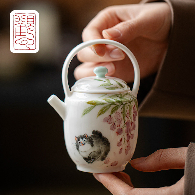 [Guanyun] กาน้ําชาแมวทาสีมือบริสุทธิ์สร้างสรรค์เซรามิกทํามือหม้อคานยกหม้อหม้อเดียวพร้อมกรองบอลหลุมชุ